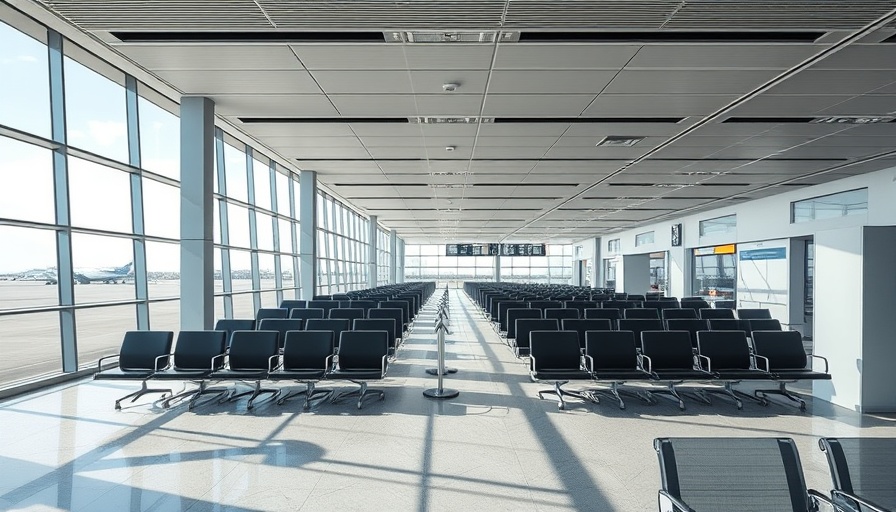 Modern airport terminal with spacious seating area and tarmac view.
