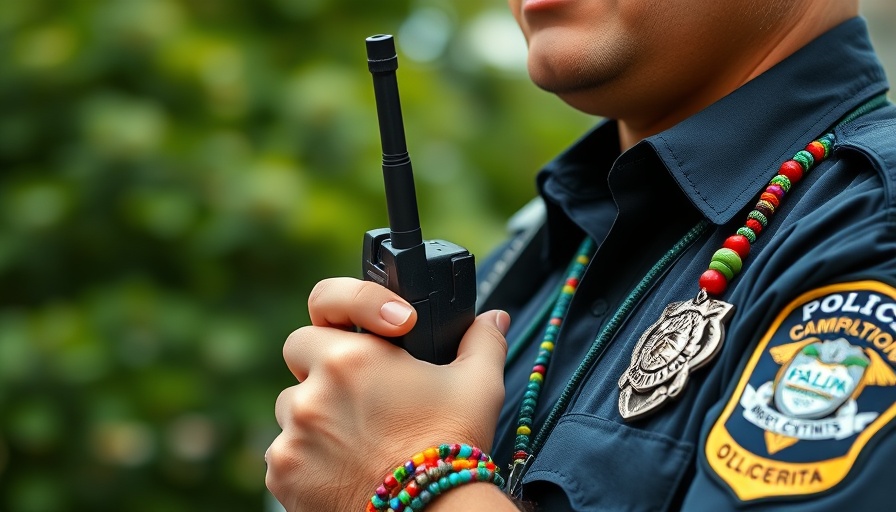 Police officer with bracelet-adorned radio amidst Taylor Swift concert security.