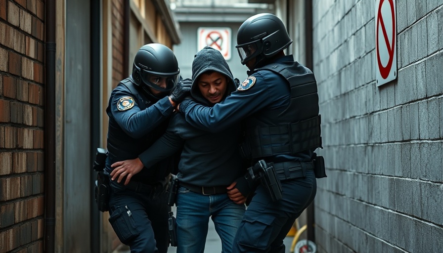 Officers arrest a suspect in an industrial area; immigration policies context.