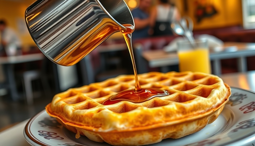 Golden waffle with syrup at Waffle House in Dallas.
