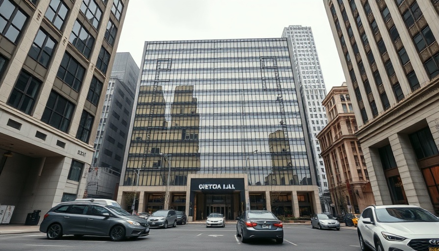 Dallas business news image: large urban office building with parked cars.