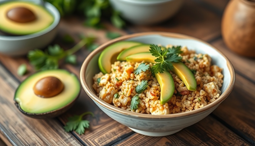 Tofu Scramble Quinoa Bowls with avocado on rustic table.