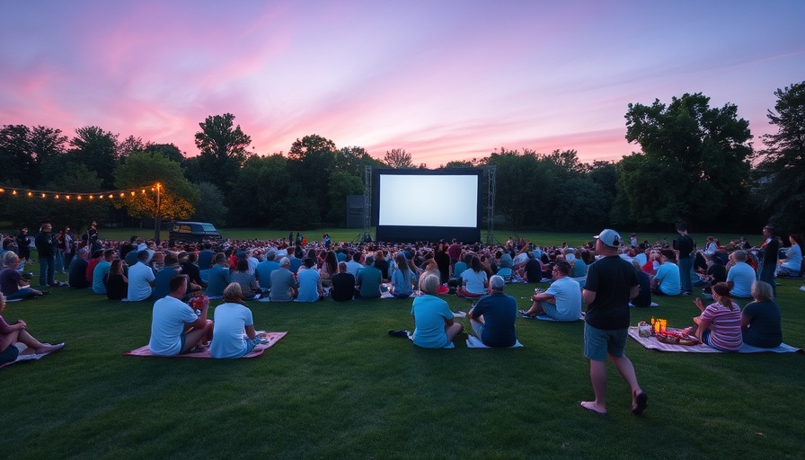 Austin Parks Foundation outdoor movie event with picnic crowd at sunset.