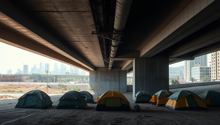 Tents under a highway bridge in an urban setting, illustrating Austin startups contrast.