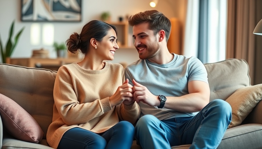 Emotional young couple on sofa, forgiving a cheater.