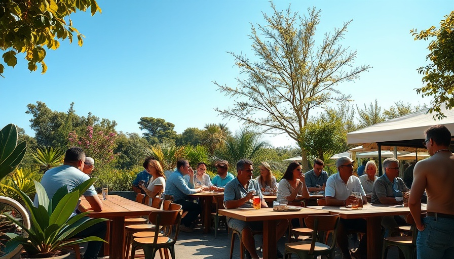 Lively Zilker Café scene with patrons enjoying drinks outdoors.