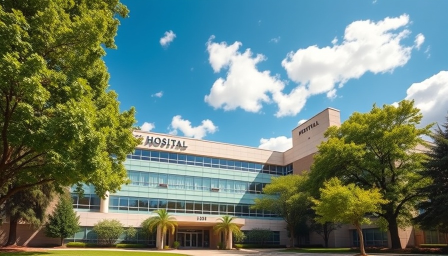 Modern hospital building under clear sky, sunny.