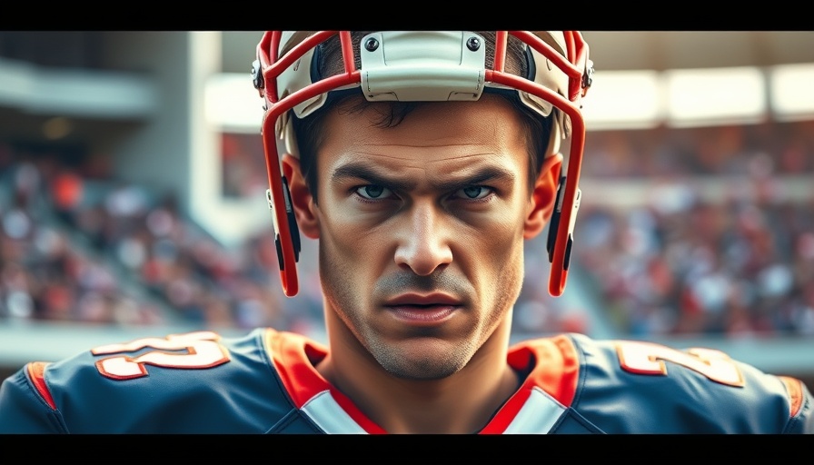 Football player with intense expression in a stadium.