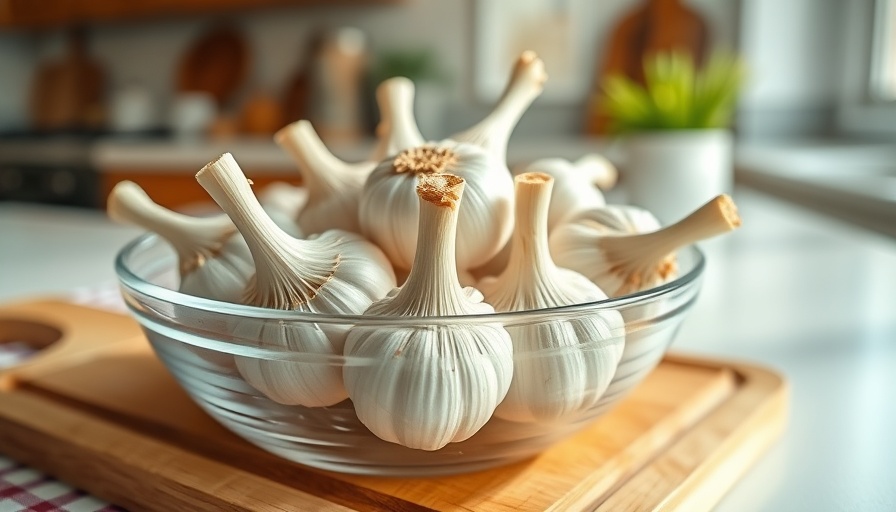 Fresh garlic cloves and bulbs displayed in a bright kitchen setting.