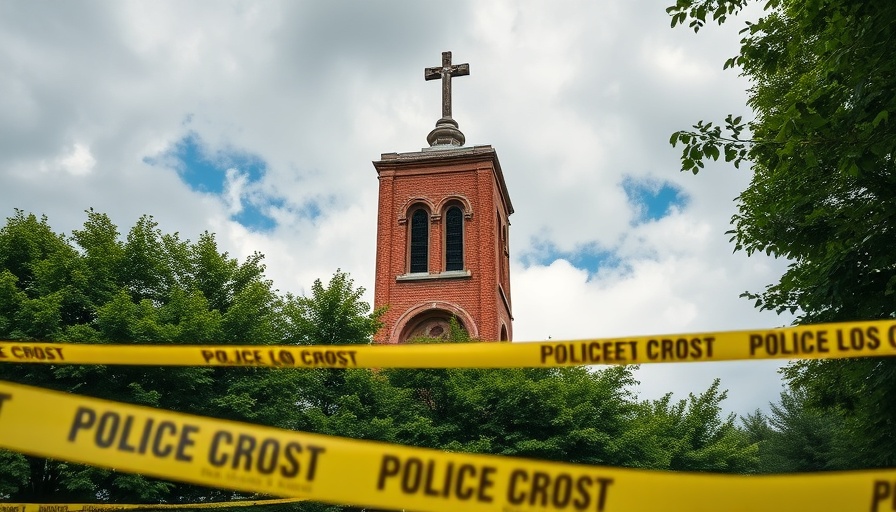 Minneapolis Catholic school scene with police tape and church tower.