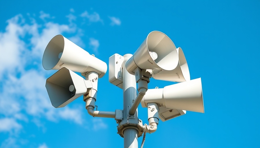 Outdoor flash flood warning sirens against blue sky in Texas.