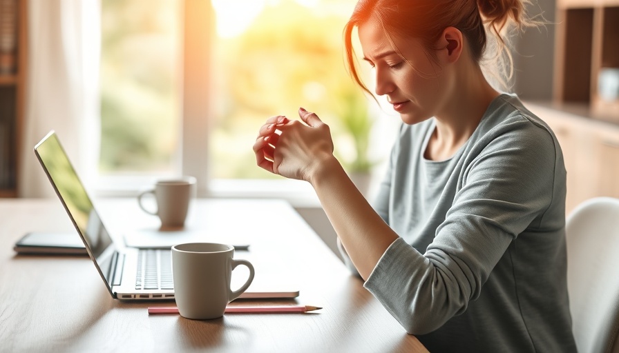 Woman holding wrist indicating discomfort, exercises for carpal tunnel syndrome context, indoor setting.