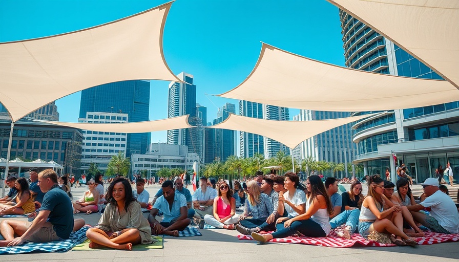Austin lifestyle scene with people socializing under canopies.