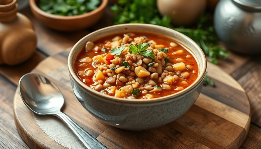 Chunky Lentil Farro Minestrone Recipe in a rustic kitchen setting.