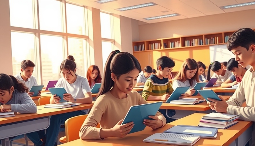 Modern classroom during Texas STAAR overhaul with students using tablets.
