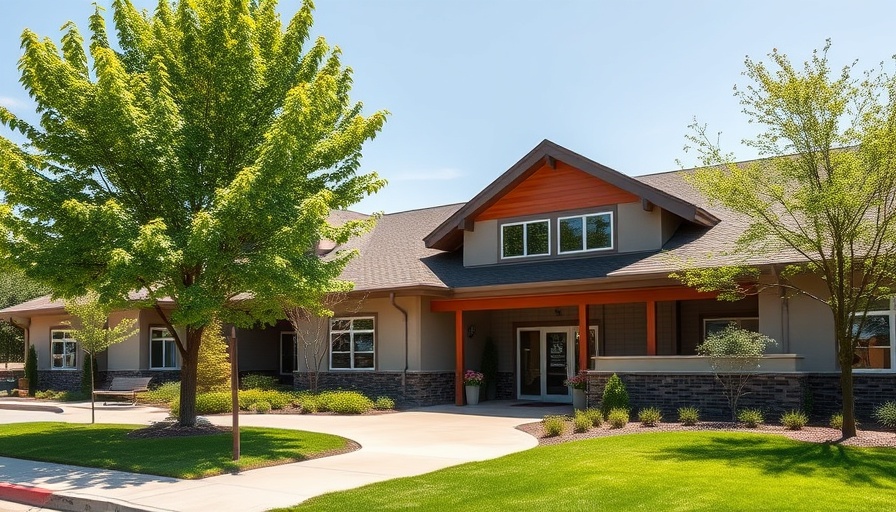 Modern memory care facility in Leander Texas, surrounded by greenery.