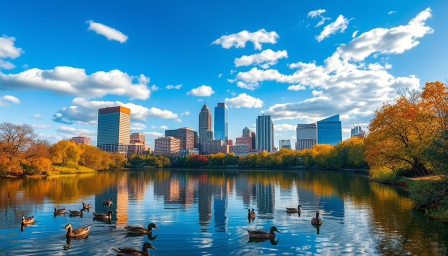 Austin skyline reflection on a river, clear sky, Imagine Austin Comprehensive Plan updates.