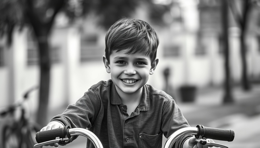 Vintage photo of a smiling boy on a bicycle, black and white.
