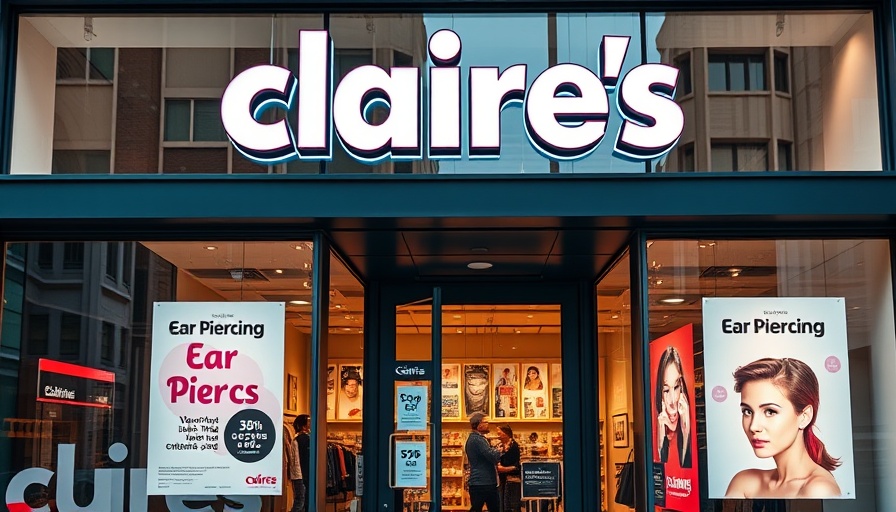Claire's storefront showcasing signage and ear piercing offers.