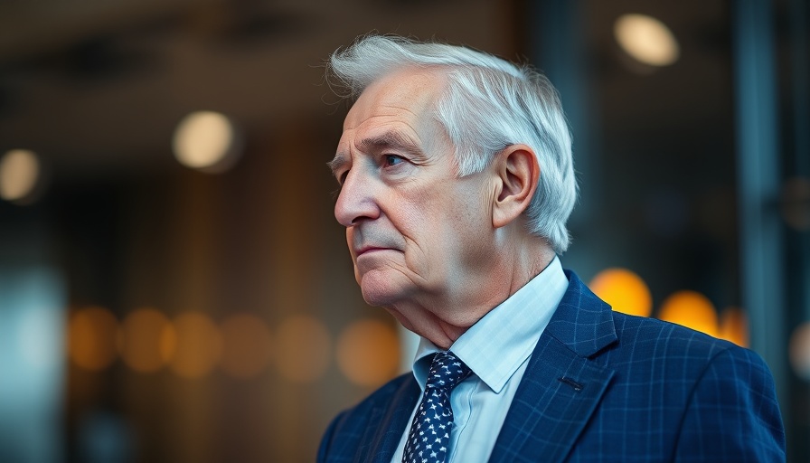 Elderly man in a blue suit with contemplative expression.