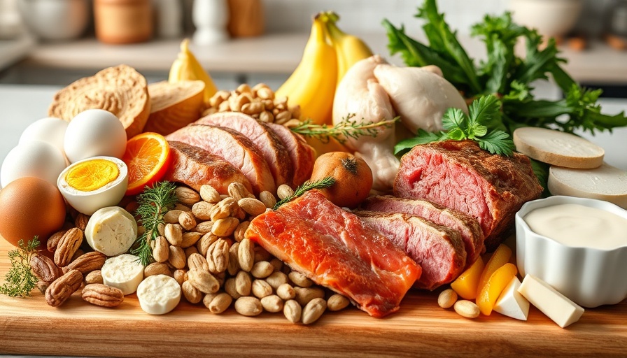 Assortment of protein-rich foods including eggs, meat, nuts, and legumes displaying daily protein sources.