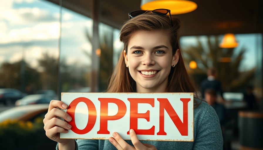 Person holds 'Come in we are OPEN' sign at Bouldin Acres new South Austin location.
