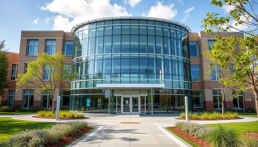 First McKinney new student building with glass facade.