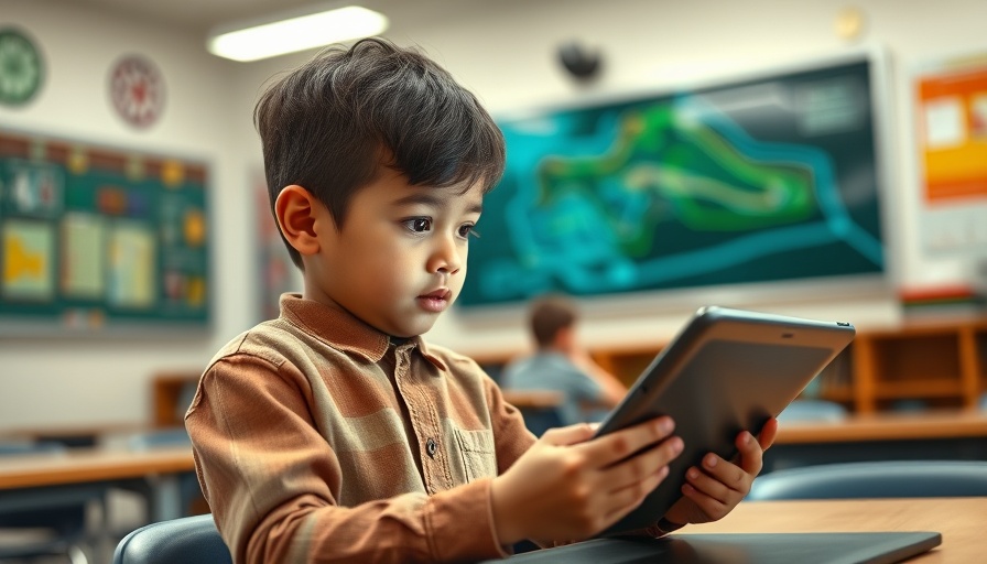 Young child using high-tech vision aids in classroom setting.
