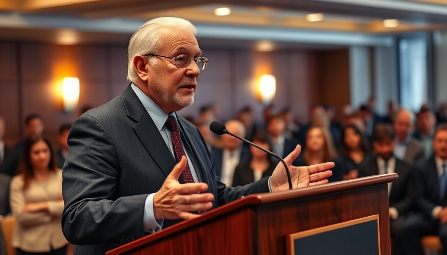 A distinguished older man speaks at an event, redistricting map Texas context.