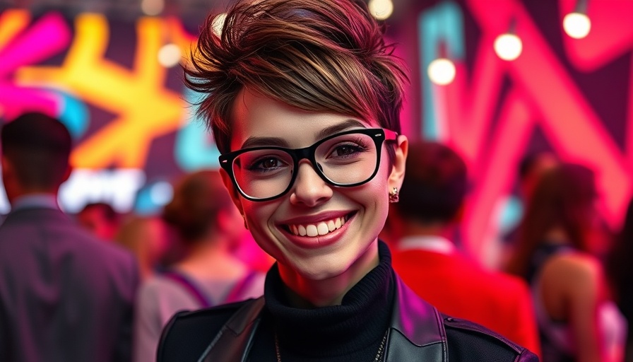 Stylish young woman smiling at event with graphic background.