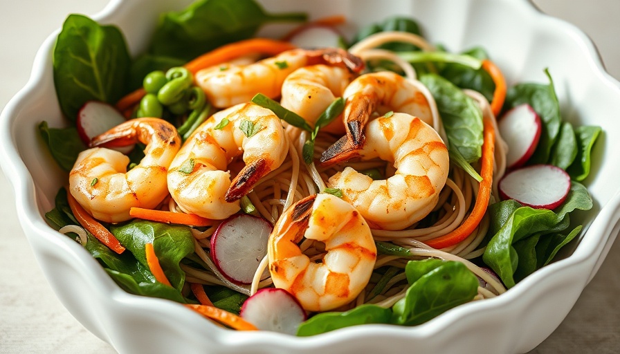 Spicy Peanut Shrimp Salad with noodles and vegetables in a white bowl