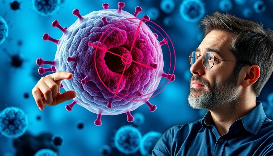 Man pointing at cancer cell with crosshairs, educational graphic on how to never get cancer.