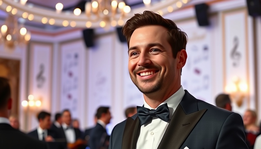 Smiling man in formal suit, Grammy Museum backdrop.