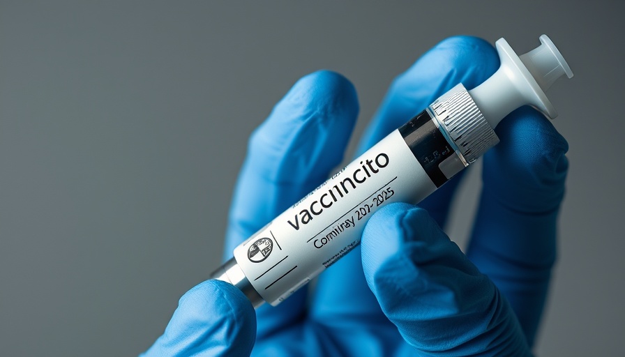 Close-up of Comirnaty COVID vaccine syringe in blue gloved hand.