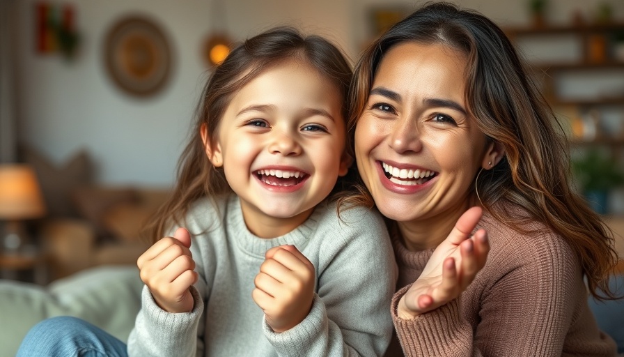 Mother and daughter smiling, recreating a look indoors.