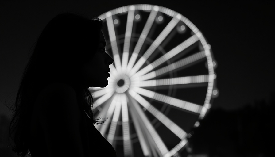 Silhouetted woman near illuminated Ferris wheel at night.