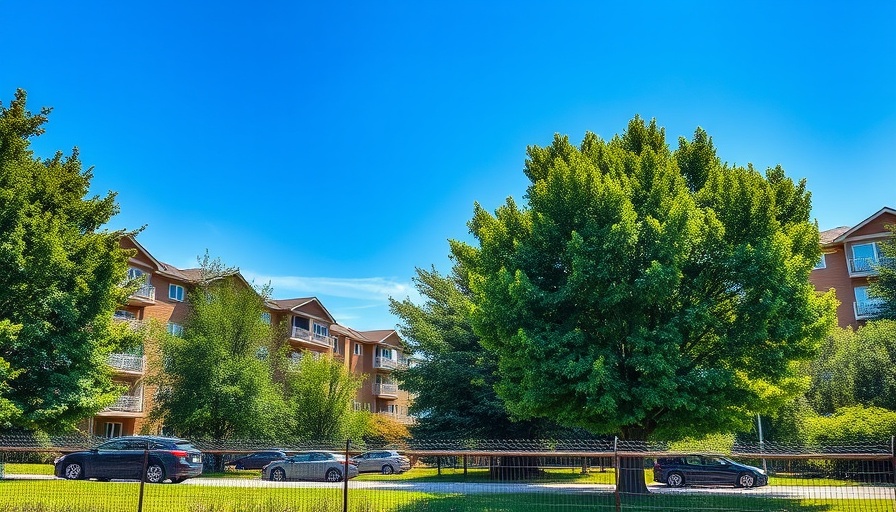 Apartment complex scene in daylight, peaceful environment.