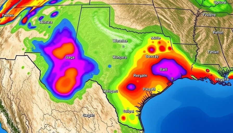 Austin heavy rainfall flood threat map showing Texas precipitation.