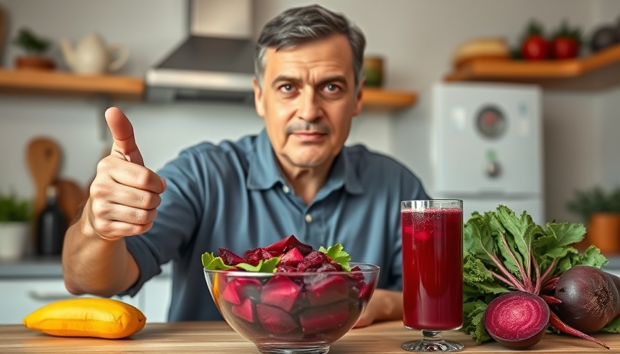 Middle-aged man with beetroot salad and juice, natural Viagra alternative.