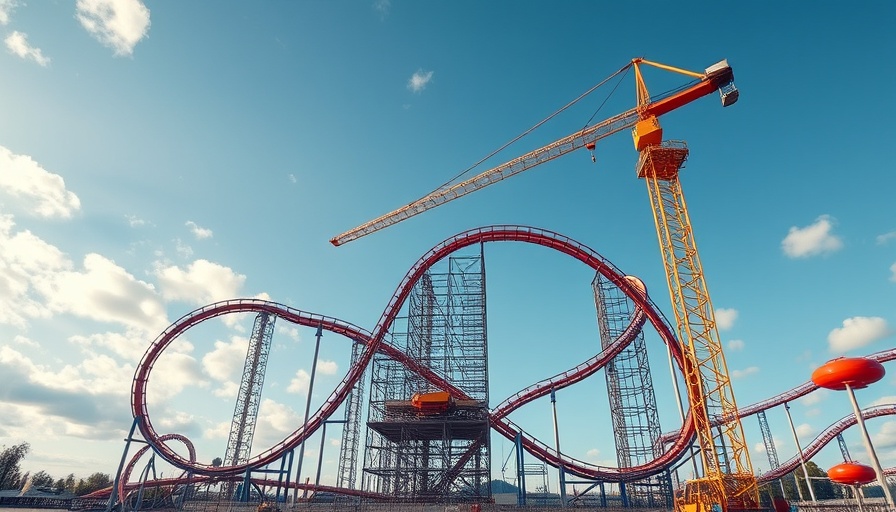 Construction at COTA Land Austin amusement park, roller coaster rising under a clear sky.