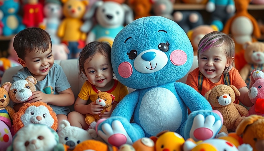 AI stuffed animals impact on children's brain wiring: plush toy and kids playing.