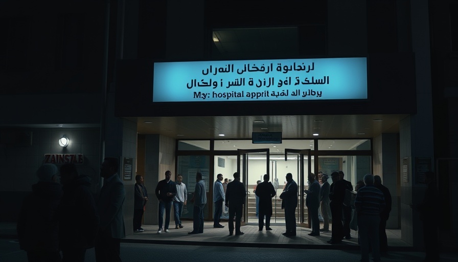 Gaza hospital emergency entrance at night with people outside.