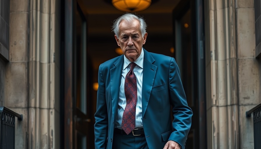 Older man leaves building with intense expression, urban setting.