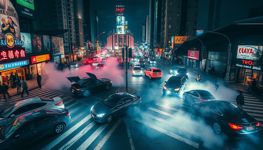 Chaotic scene of rogue drivers taking over an intersection, vibrant lighting, night.