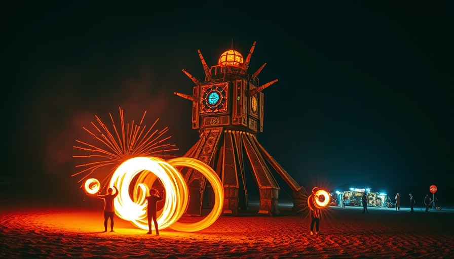 Burning Man effigy with fire performers at night.