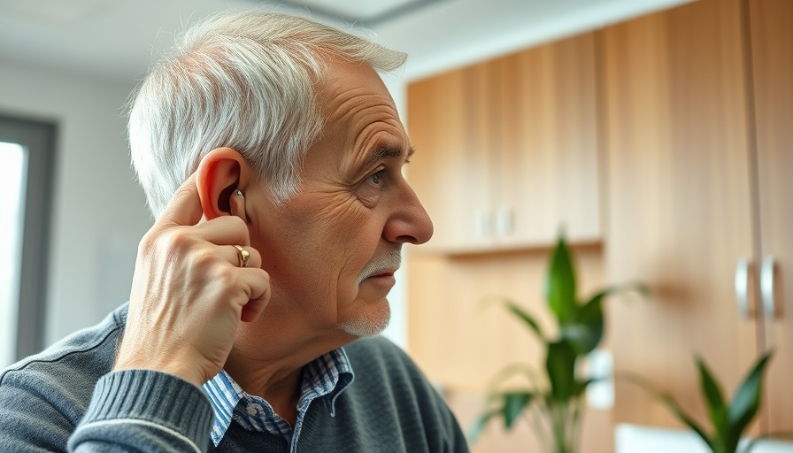 Elderly man fitted with hearing aid in clinic, reducing dementia risk.