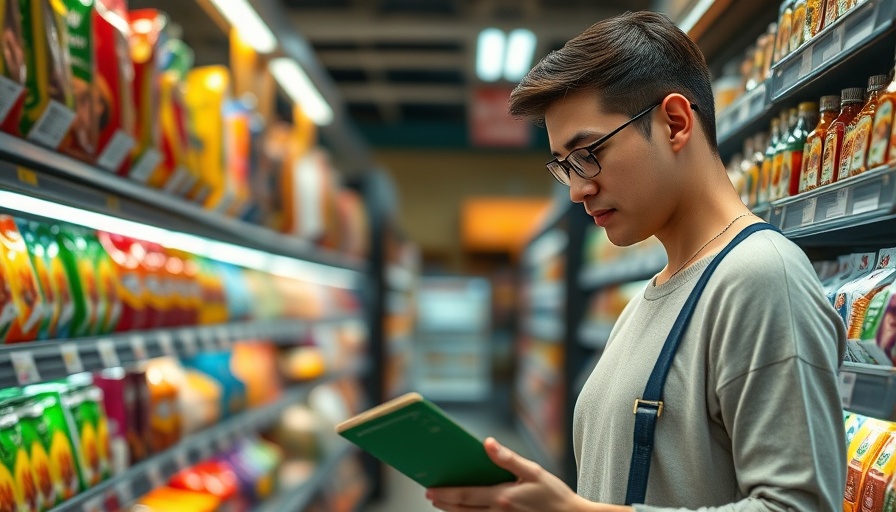 Woman assessing food labels in supermarket for food additives to watch out for.
