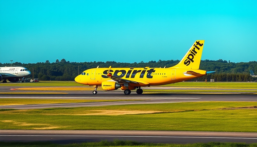Spirit Airlines plane on runway amid financial news.