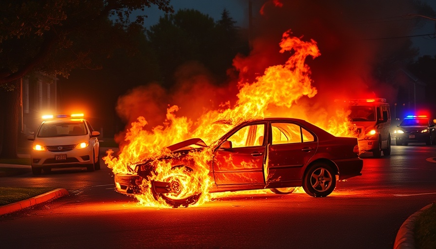 US news: Car engulfed in flames on a street at night.