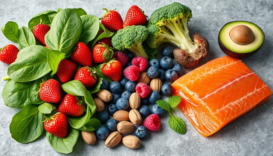 Vibrant healthy foods like berries and salmon on textured surface.
